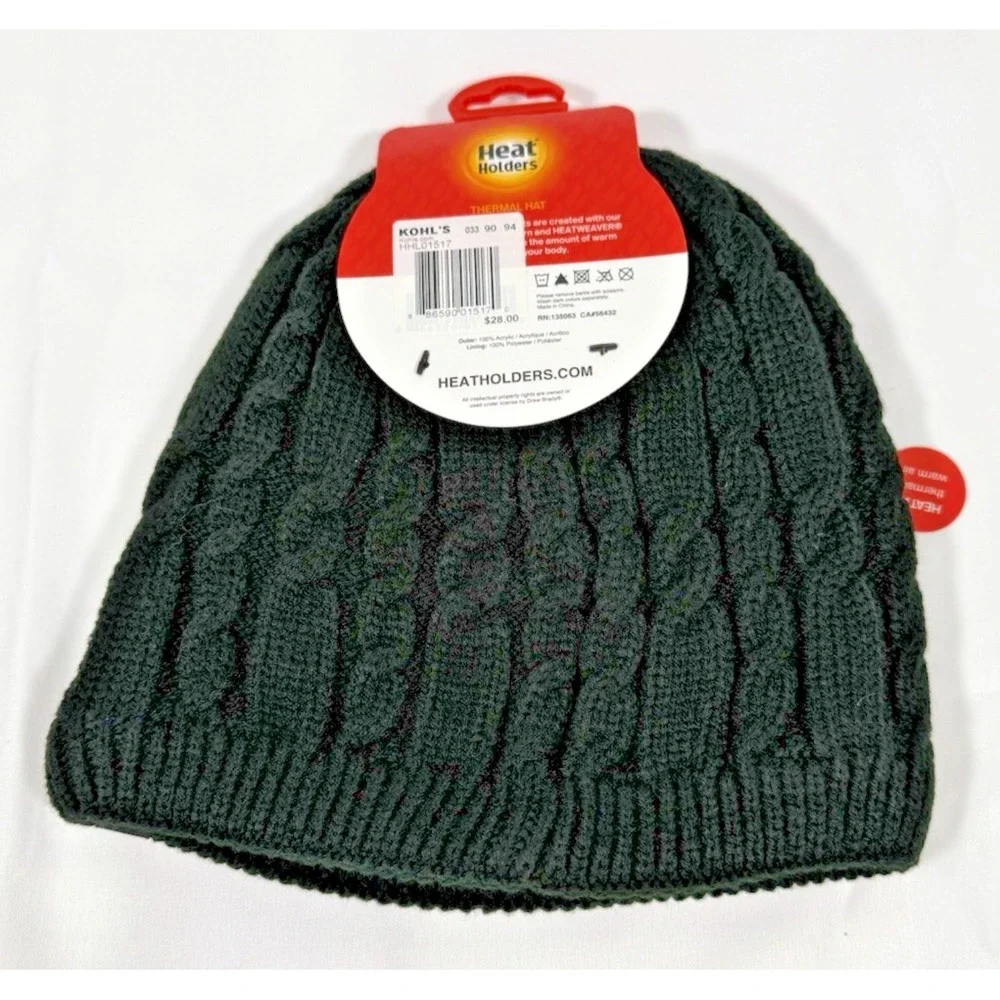 Heat Holders Thermal Beanie Womens One Size Green Cable Knit HeatWeaver HHL01517